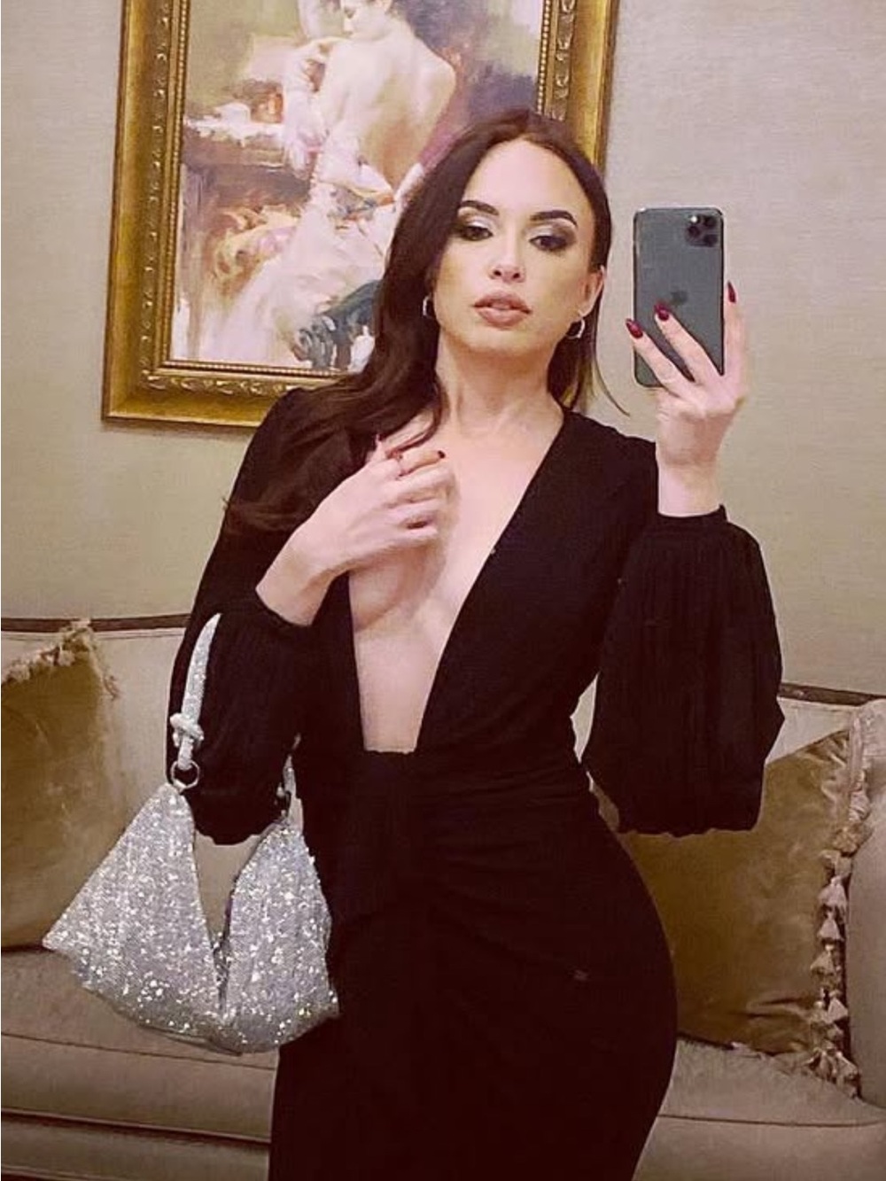 House of CB Black Plunge Long-Sleeve Evening Dress